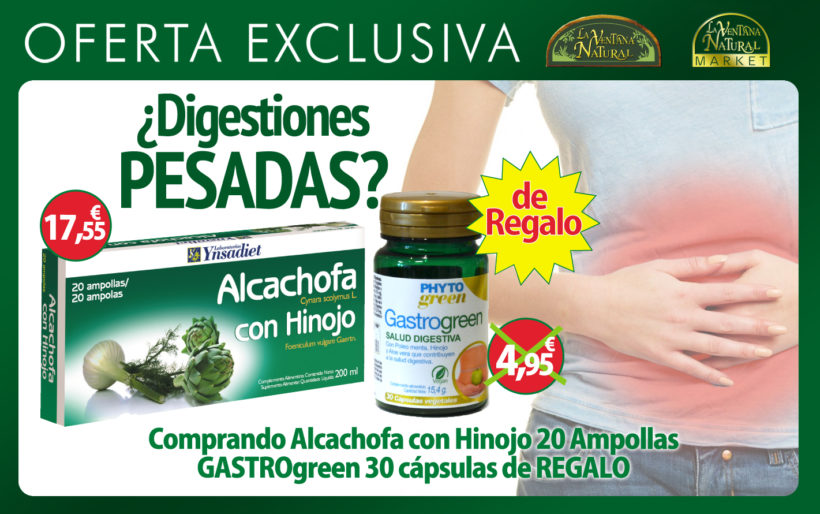 Oferta Septiembre:Si compras una caja de Alcachofa con Hinojo 20 ampollas por 17,55€ , te regalamos Gastrogreen 30 cápsulas (precio normal 4,95€). Oferta Septiembre:Si compras una caja de Alcachofa con Hinojo 20 ampollas por 17,55€ , te regalamos Gastrogreen 30 cápsulas (precio normal 4,95€).