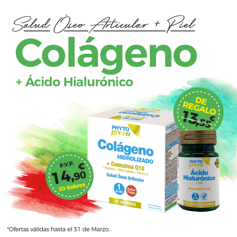 Oferta Marzo: Por la compra de un Colágeno Hidrolizado con Coenzima Q10 20 Sobres, un Ácido Hialurónico+Zinc 60 Cápsulas de REGALO!  Cuida tu piel!