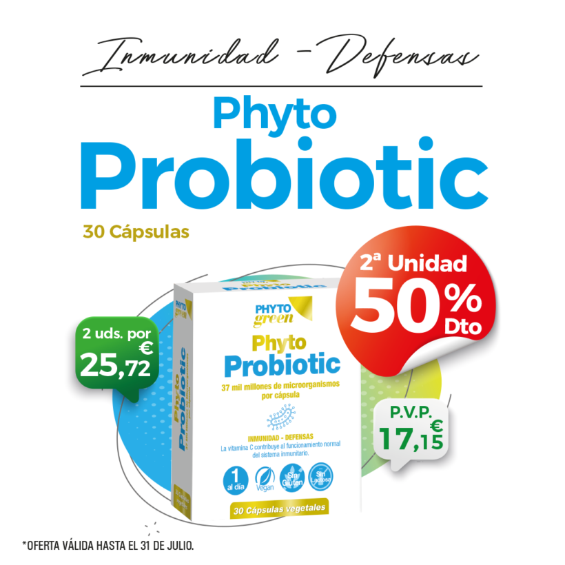 OFERTA JULIO: Por la compra de un Phytoprobiotic 30cápsulas Phytogreen, la Segunda unidad al 50%! Cuida tu flora intestinal!