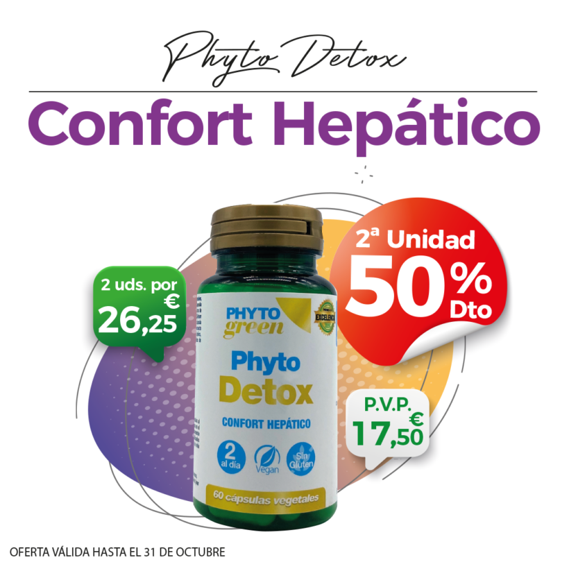 Oferta Octubre: Por la compra de un Phytodetox 60 cápsulas Phytogreen,  la Segunda unidad al 50%!  Cuida tu salud hepática!